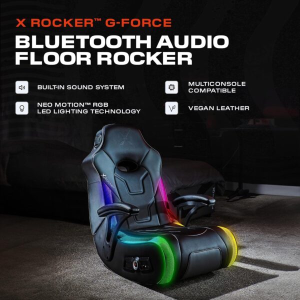 X Rocker G-Force RGB LED Video Gaming Floor Chair with Armrests, Built-In Audio via Wireless Bluetooth, Foldable, Vegan Leather, 250 lbs Max, Black - Image 4