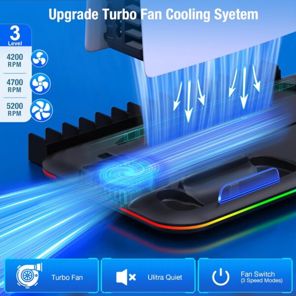 PS5 Stand, PS5 Slim Stand with Cooling Station and Controller Charging Station for PS5 Slim Console Disc/Digital, PS5 Accessories-Cooling Fan, RGB LED, Headset Holder, 15 Game Slot for Playstation 5 - Image 3