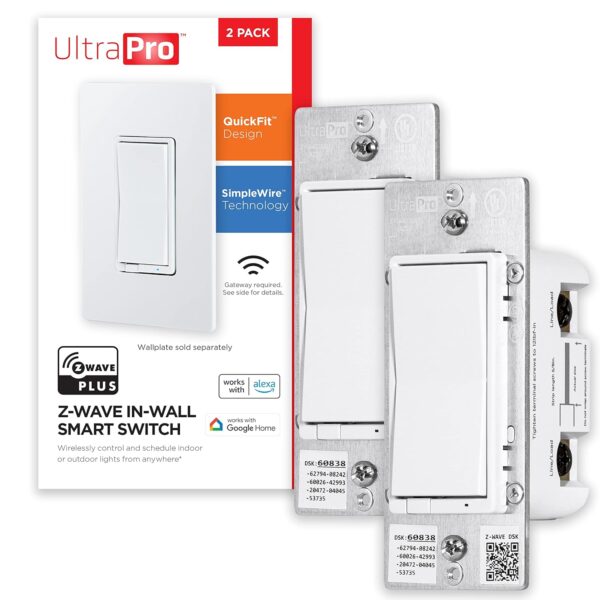 UltraPro 700 Series Z-Wave In-Wall Smart Light Switch with QuickFit™ and SimpleWire™, White Paddle, Works with Google Assistant, Alexa, & SmartThings, Z-Wave Hub Required, Smart Home, 2 Pack, 59370 - Image 2