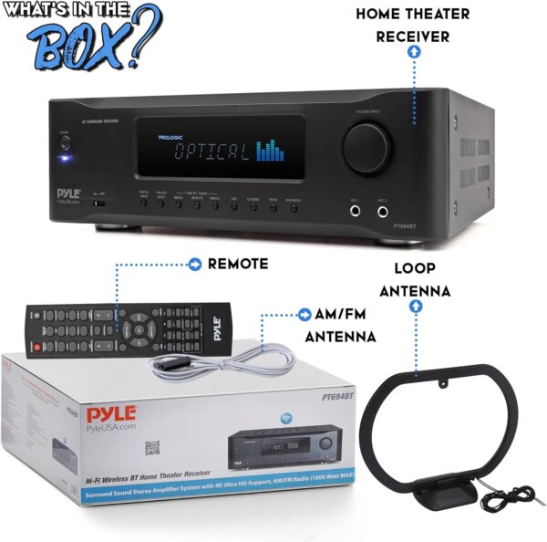 Pyle 5.2-Channel Hi-Fi Bluetooth Stereo Amplifier - 1000 Watt AV Home Speaker Subwoofer Sound Receiver w/Radio, USB, RCA, HDMI, MIC in, Wireless Streaming, Supports 4K UHD TV, 3D, Blu-Ray - PT694BT.5 - Image 8