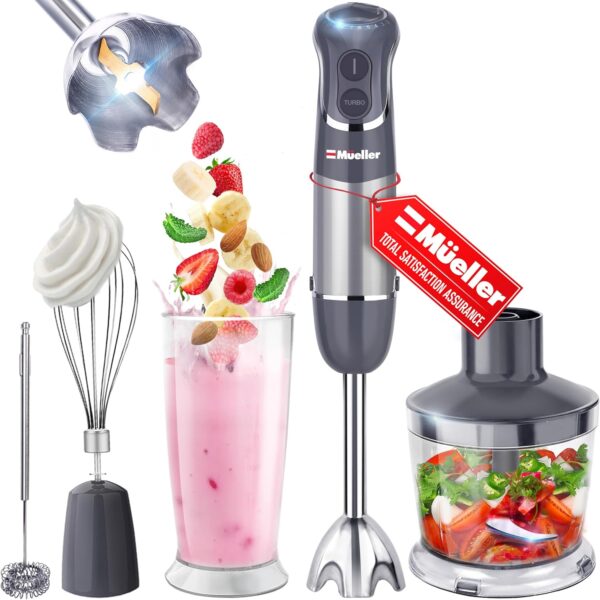 Mueller Multistick 800W 4-in-1 Immersion Blender Handheld, 12 Speed Hand Mixer - Turbo Boost, Heaviest Duty Copper Motor, Titanium Blades Hand Blender, Milk Frother Wand, Whisk, Beaker, Chopper - Image 2