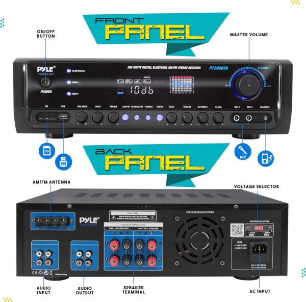 Pyle Wireless Bluetooth Home Amplifier- Connectivity Power Off Distant Devices, Input/Output Devices, Connectors/Jacks, Sound System Controls for Audio/Radio & Display Design - PT390BTU.3 - Image 3