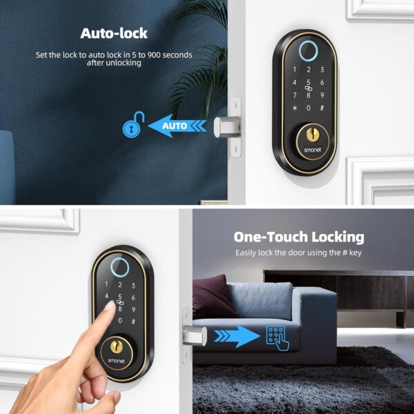 Smart Keyless Entry Door Lock - Fingerprint Electronic Deadbolt Touchscreen Keypad SMONET Biometric Digital Bluetooth Door Lock Smart Deadbolt Work with Alexa for Homes and Hotel - Image 9