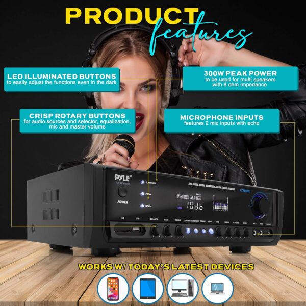 Pyle Wireless Bluetooth Home Amplifier- Connectivity Power Off Distant Devices, Input/Output Devices, Connectors/Jacks, Sound System Controls for Audio/Radio & Display Design - PT390BTU.3 - Image 7