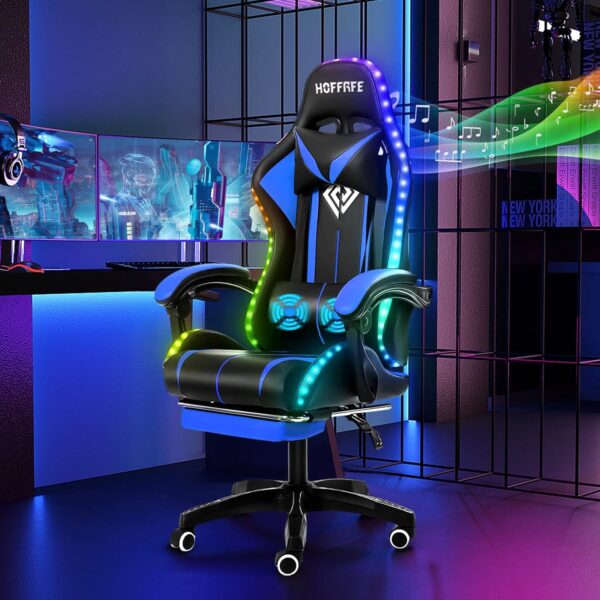 HOFFREE RGB Gaming Chair with Speakers Massage Computer Gaming Chair with LED Lights and Footrest High Back Video Game Chair for Adults Blue and Black