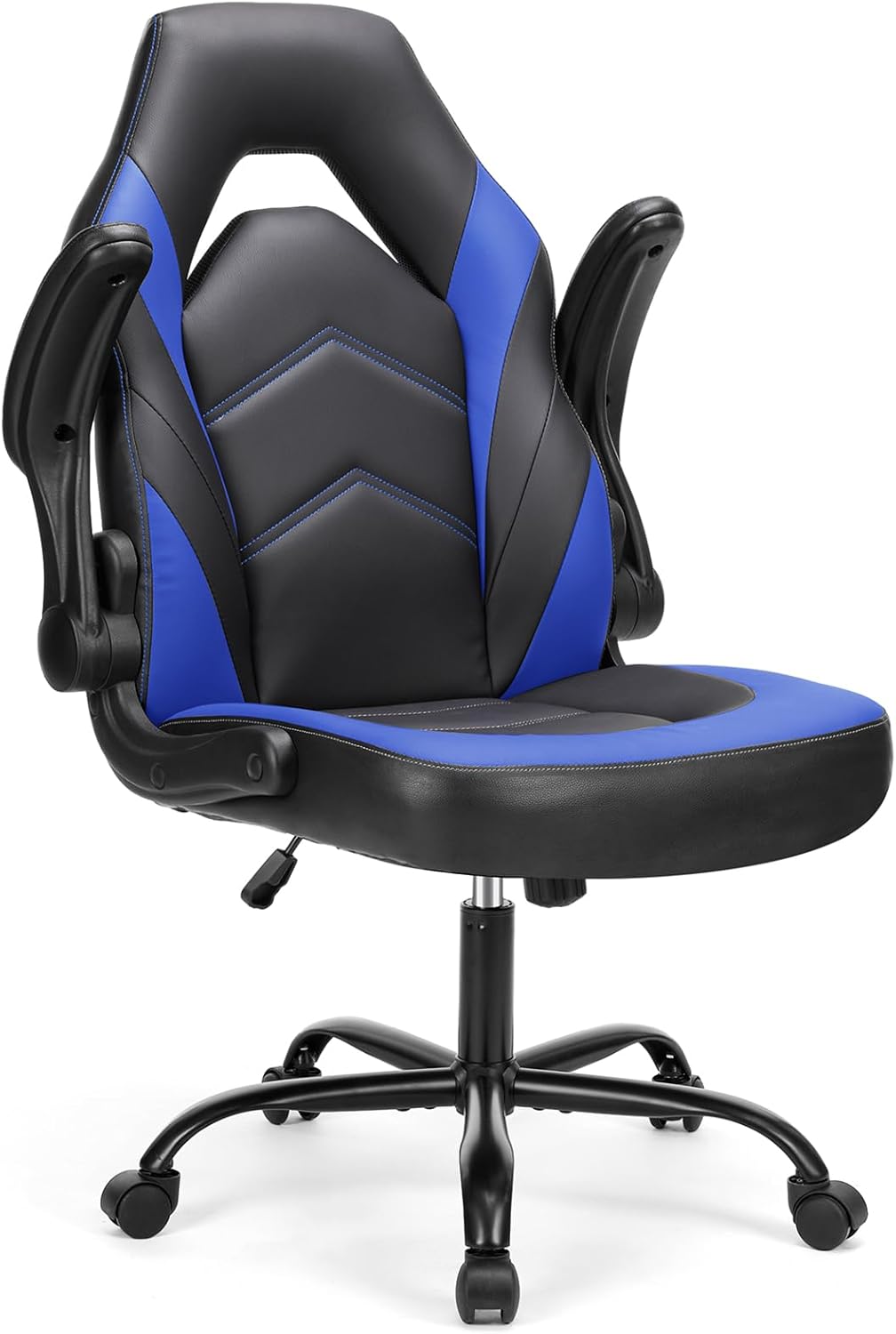 Sweetcrispy Computer Gaming Desk Chair – Ergonomic Office Executive Adjustable Swivel Task PU Leather Racing Chair with Flip-up Armrest for Adults, Kids, Men, Girls, Gamer, Black Blue