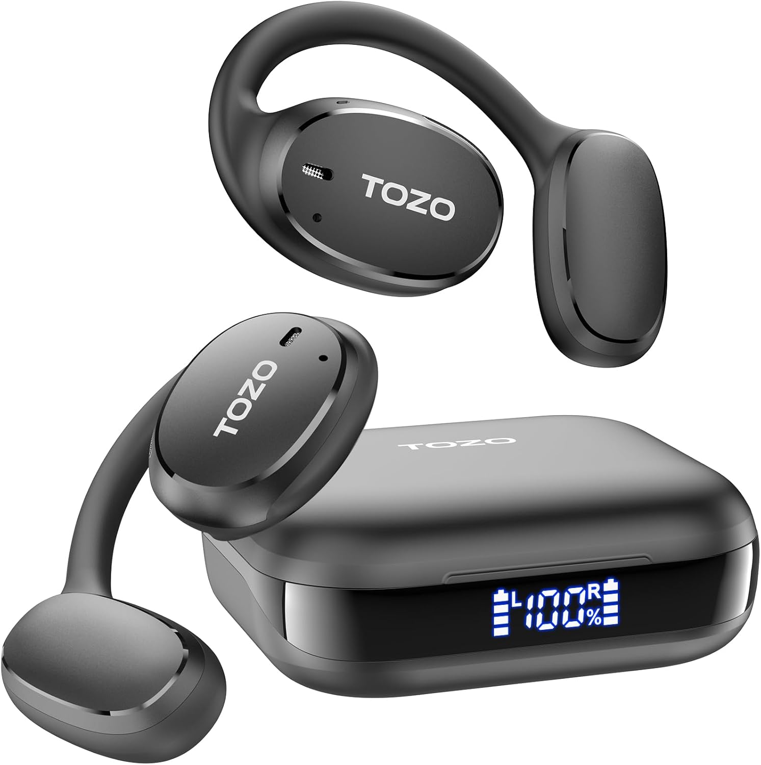 TOZO OpenEgo True Wireless Open Ear Headphone, 5.3 Bluetooth Sport Earbuds with Earhooks for 80H Playback with Digital Display, 32 EQ Modes Dual Mic Clear Call Sweat-Proof for Running Workout Black