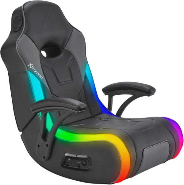 X Rocker G-Force RGB LED Video Gaming Floor Chair with Armrests, Built-In Audio via Wireless Bluetooth, Foldable, Vegan Leather, 250 lbs Max, Black