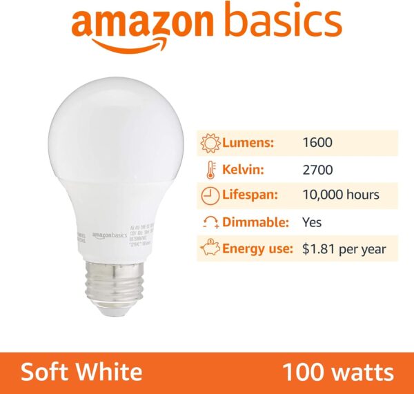 Amazon Basics A19 LED Light Bulb, 100 Watt Equivalent, Energy Efficient 15W, E26 Standard Base, Soft White 2700K, Dimmable, 10,000 Hour Lifetime , 6-Pack - Image 3