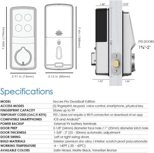 Lockly Secure Pro, Wi-Fi Smart Deadbolt, Keyless Entry Door Lock, PIN Genie® Keypad, 3D Biometric Fingerprint Sensor, Auto Lock - Satin Nickel (PGD728WYSN) - Left Fingerprint Edition - Image 10