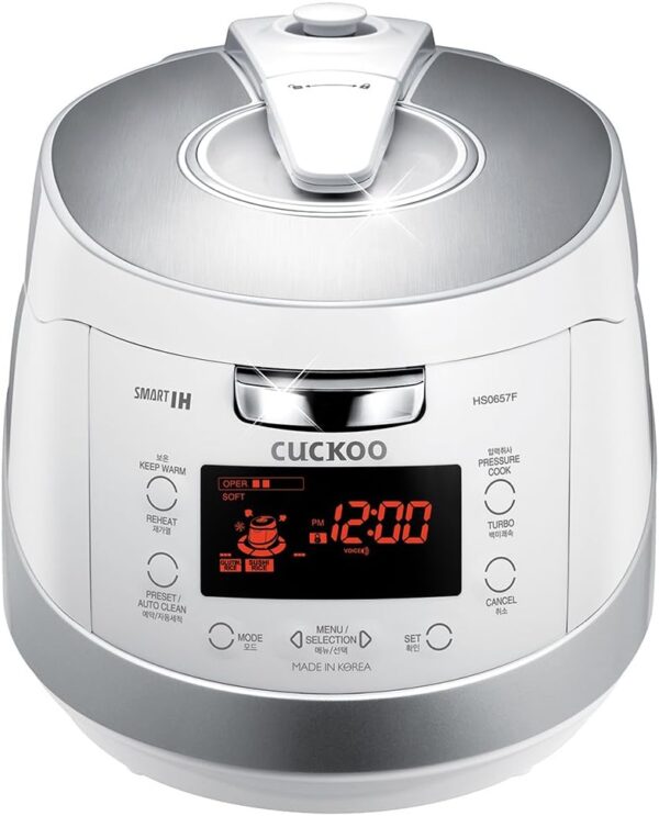 Cuckoo Induction Heating Pressure Rice Cooker – 18 built-in programs including Glutinous, GABA, Mixed, Sushi and more, Non-Stick Coating, Made in Korea, White/Silver, 6 Cups - Image 2