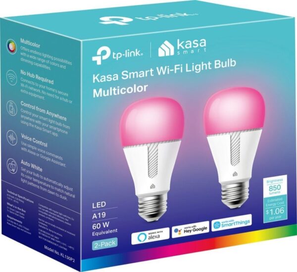 Kasa Smart TP-Link Wi-Fi 60-Watt A19 LED Light Bulb, Dimmable, No Hub Required 2-Pack (KL130) - Full Multi-Color Changing - Image 2