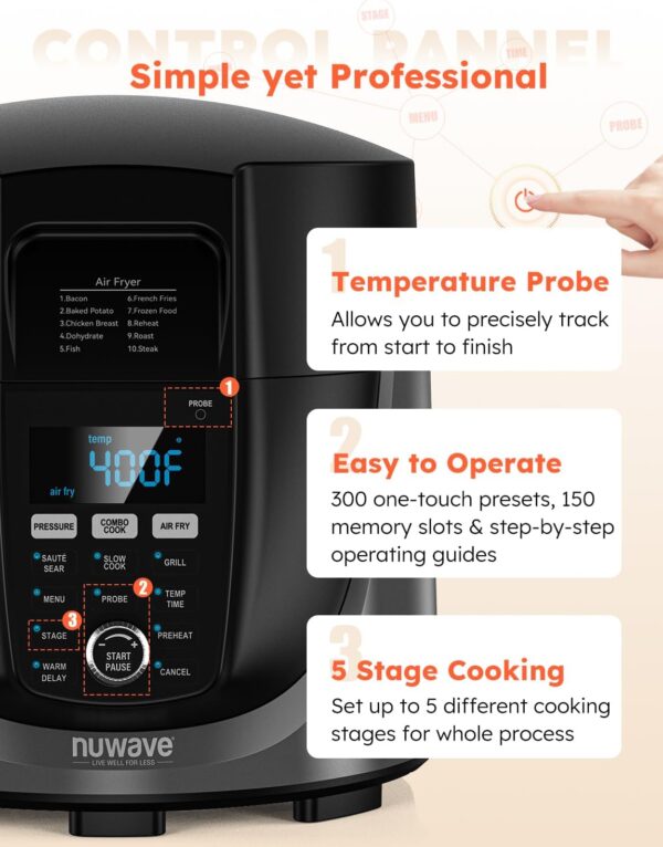 Nuwave Duet Electric Pressure Cooker & Air Fryer Combo, 450 IN 1 Slow Cooker & Grill with Integrated Digital Temp Probe, 6qt SS Pot, Adjustable High/Low Pressure, Built-in Sure-Lock Safety Tech - Image 9