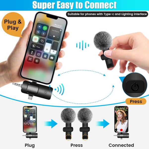 4 in 1 Wireless Lavalier Microphone for iPhone/USB C Android/Camera/Laptop PC,Mini Microphone 2.4G Ultra-Low Delay with Noise Reduction Cordless Lapel Mics for Video Recording, Vlog, YouTube, TikTok - Image 5