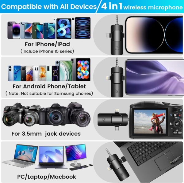 4 in 1 Wireless Lavalier Microphone for iPhone/USB C Android/Camera/Laptop PC,Mini Microphone 2.4G Ultra-Low Delay with Noise Reduction Cordless Lapel Mics for Video Recording, Vlog, YouTube, TikTok - Image 3