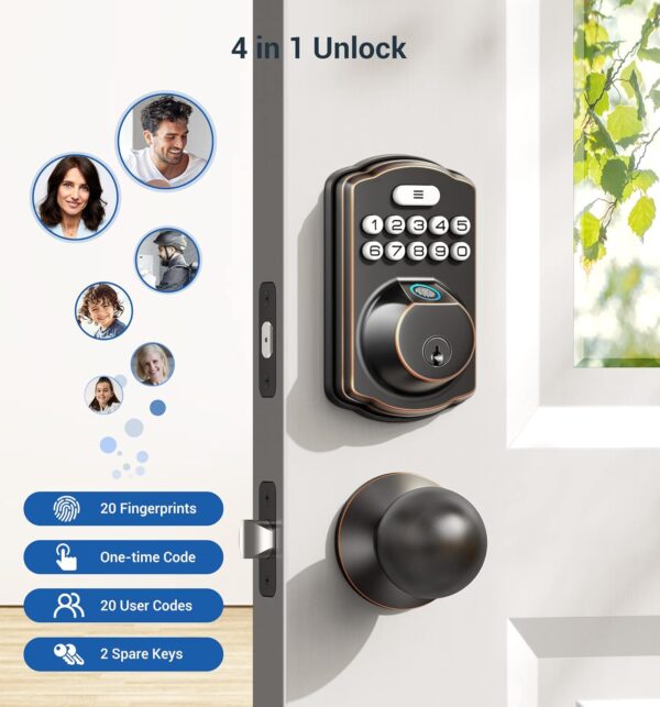 Veise Fingerprint Door Lock, Keyless Entry Door Lock, Electronic Keypad Deadbolt, Biometric Smart Locks for Front Door, Auto Lock, Anti-Peeking Password, Easy Install, Oil Rubbed Bronze - Image 4