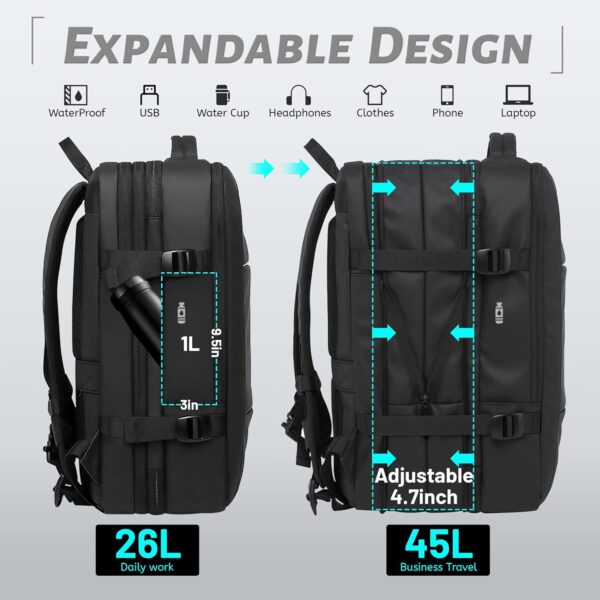 45L Travel Backpacks Expandable Luggage Backpack USB Charging Port Flight Approved Carry On Backpack With Wet Pocket Water Resistant Business Backpack 17.3 In Laptop College Daypack Black Large - Image 4