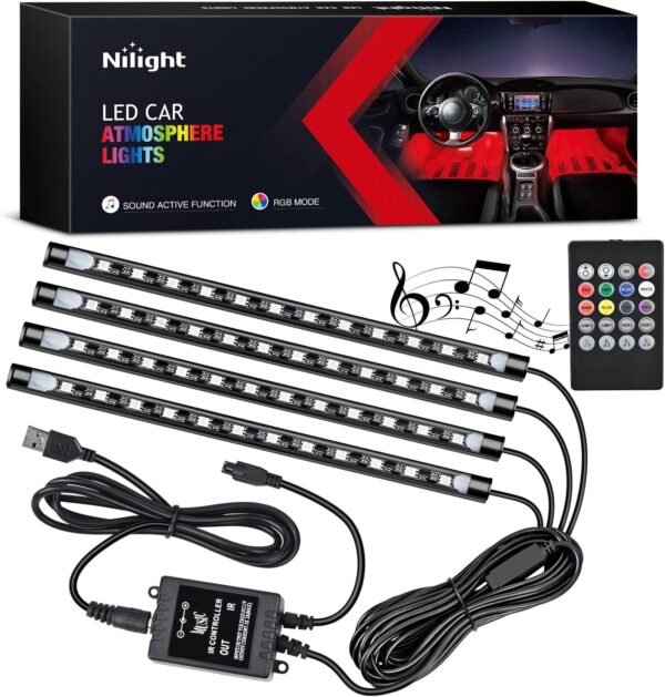 Nilight 48 LEDs DC 5V Multicolor Music Car Strip Light Under Dash Lighting Kit with Sound Active Function and Wireless Remote Control, 2 Years Warranty, 4PCS USB Interior Lights - Image 2