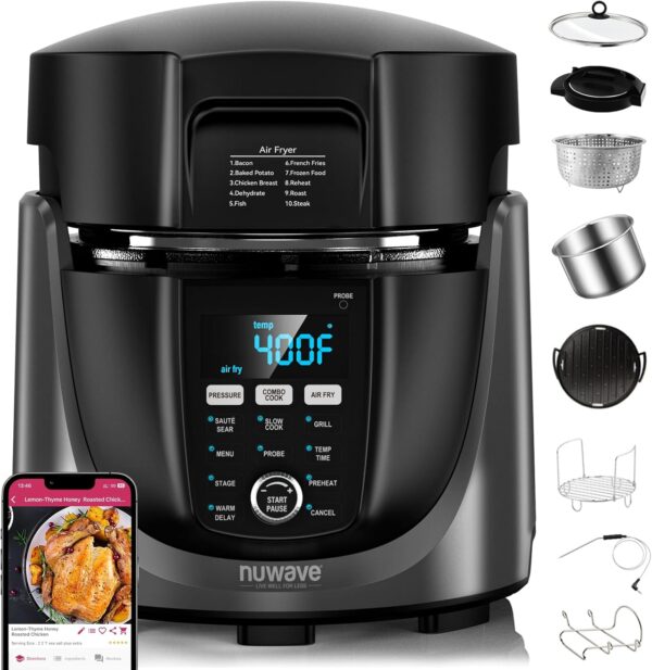 Nuwave Duet Electric Pressure Cooker & Air Fryer Combo, 450 IN 1 Slow Cooker & Grill with Integrated Digital Temp Probe, 6qt SS Pot, Adjustable High/Low Pressure, Built-in Sure-Lock Safety Tech - Image 2