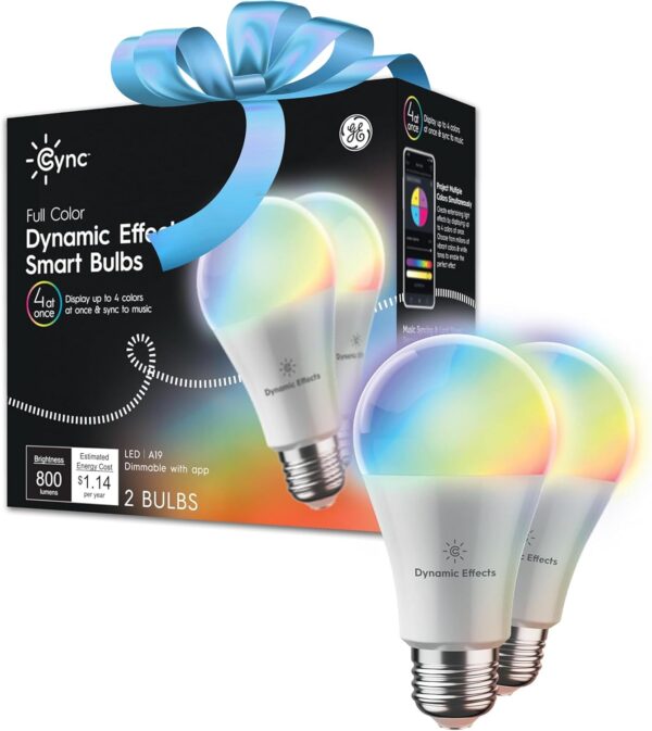 GE CYNC Dynamic Effects A19 Color Changing Light Bulbs with Music Sync, RGB LED Light Bulb, Room Décor Aesthetic WiFi Smart Light, Works with Amazon Alexa and Google, 2 Bulbs - Image 2