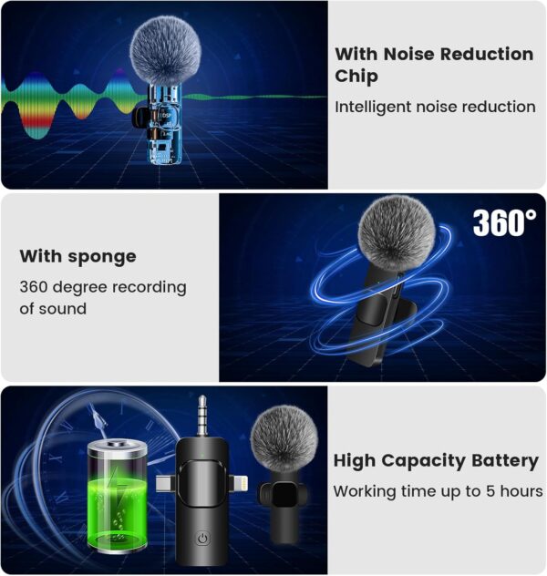 4 in 1 Wireless Lavalier Microphone for iPhone/USB C Android/Camera/Laptop PC,Mini Microphone 2.4G Ultra-Low Delay with Noise Reduction Cordless Lapel Mics for Video Recording, Vlog, YouTube, TikTok - Image 7