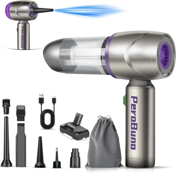 PeroBuno Air Duster for Computers, Mini Vacuum 2-in-1, 160000RPM Compressed Air, 2 Gear Brushless Motor Rechargeable Air Blower - Cordless Canned Air - Keyboard Cleaner, Golden and Purple - Image 2