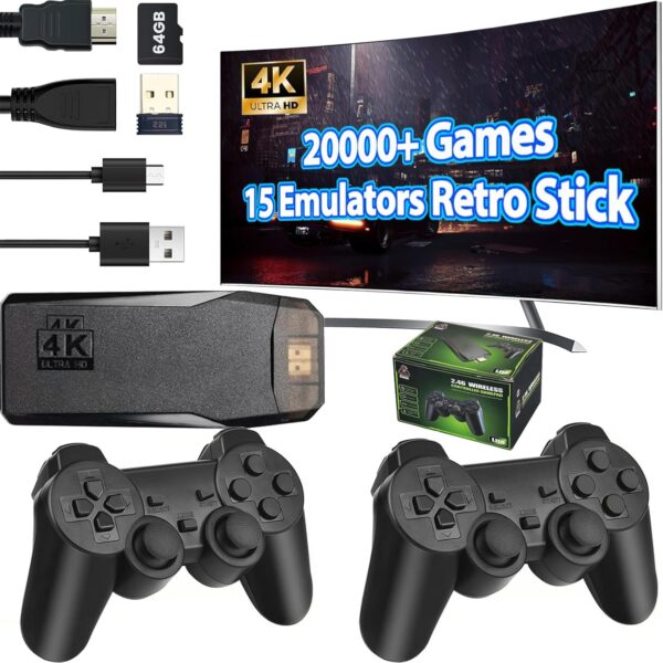 Wireless Retro Game Console Stick Built-in 20000+ Classic Games, 4K HDMI Output Nostalgia Plug & Play Retro Video Gaming Stick with 15 Emulators and Dual 2.4G Wireless Controller（64GB Memory Card） - Image 2