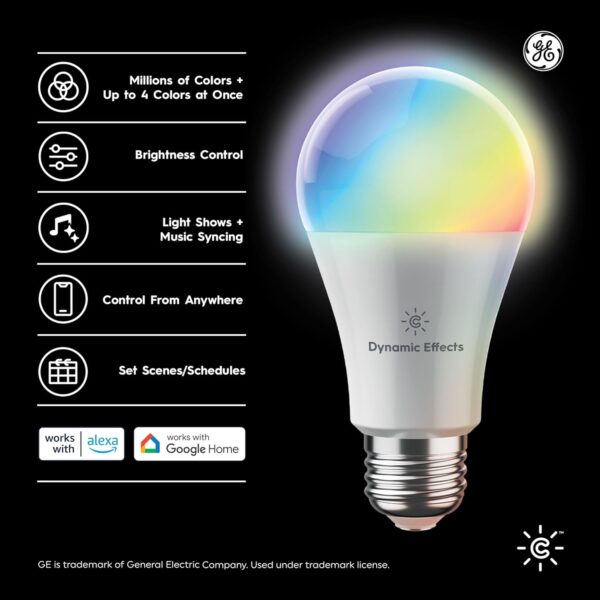 GE CYNC Dynamic Effects A19 Color Changing Light Bulbs with Music Sync, RGB LED Light Bulb, Room Décor Aesthetic WiFi Smart Light, Works with Amazon Alexa and Google, 2 Bulbs - Image 3