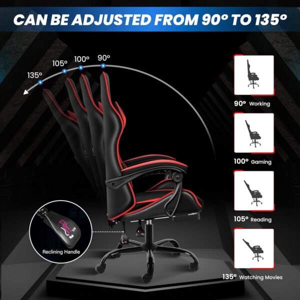 YSSOA Gaming Chair, Computer Chair with Footrest, Height Adjustable & 90°-135° Tilt Function, Swivel Recliner Ergonomic Racing Style Video Game Chair with Lumbar Support (Red) - Image 5