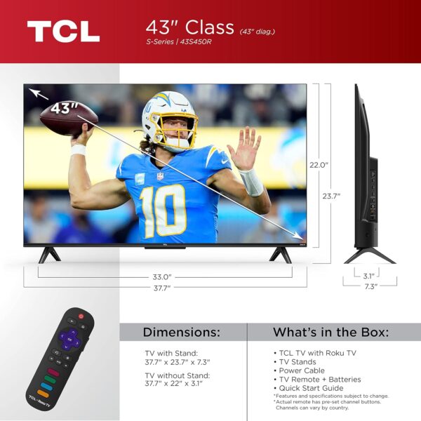 TCL 43-Inch Class S4 4K LED Smart TV with Roku TV (43S450R, 2023 Model), Dolby Vision, HDR, Dolby Atmos, Works with Alexa, Google Assistant and Apple HomeKit Compatibility, Streaming UHD Television - Image 3