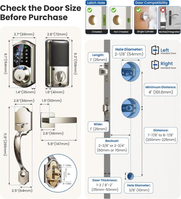 Veise Fingerprint Smart Locks for Front Door with Handle Set, App Control, Keyless Entry Keypad Deadbolt, Digital Electronic Touchscreen, Easy Install, Auto Lock, Satin Nickel - Image 7