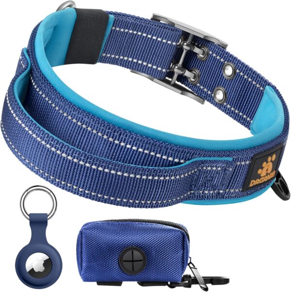 DAGANXI Dog Collar Adjustable Soft Neoprene Padded Breathable Reflective Strip Nylon Collar for Small Medium Large Dogs, with Airtags Case and Dog Poop Bags Dispenser (X-Large, Blue/Teal) - Image 2