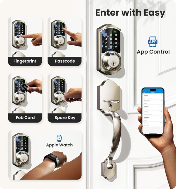 Veise Fingerprint Smart Locks for Front Door with Handle Set, App Control, Keyless Entry Keypad Deadbolt, Digital Electronic Touchscreen, Easy Install, Auto Lock, Satin Nickel - Image 3