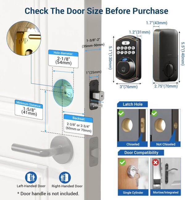 Veise Fingerprint Door Lock, Keyless Entry Door Lock, Electronic Keypad Deadbolt, Biometric Smart Locks for Front Door, Auto Lock, Anti-Peeking Password, Easy Install, Oil Rubbed Bronze - Image 7