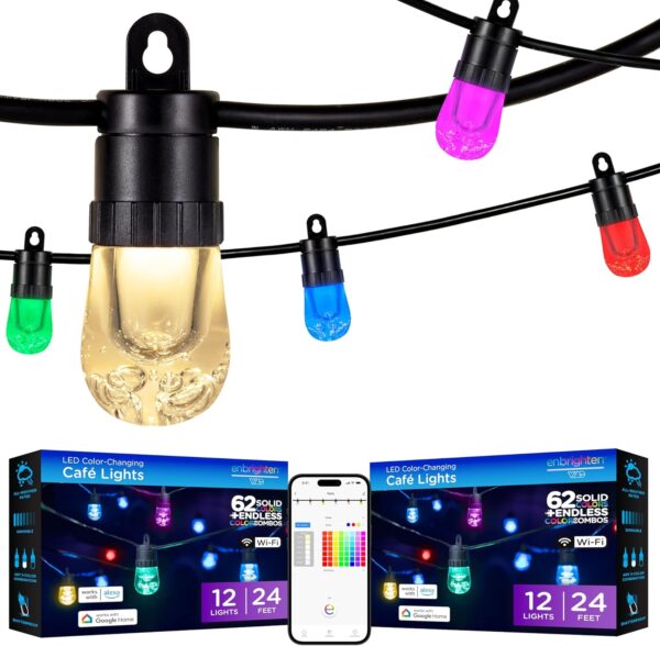 Enbrighten 2 Pack LED Premium Smart Color Changing String Lights, 24ft Black Cord, 12 Shatterproof Acrylic Bulbs, Weatherproof, Customizable, Wi-Fi App Control, Dimmable Outdoor String Lights, 82764 - Image 2