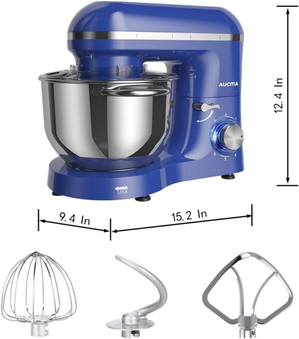 Aucma Stand Mixer,6.5-QT 660W 6-Speed Tilt-Head Food Mixer, Kitchen Electric Mixer with Dough Hook, Wire Whip & Beater (6.5QT, Royal Blue) - Image 4