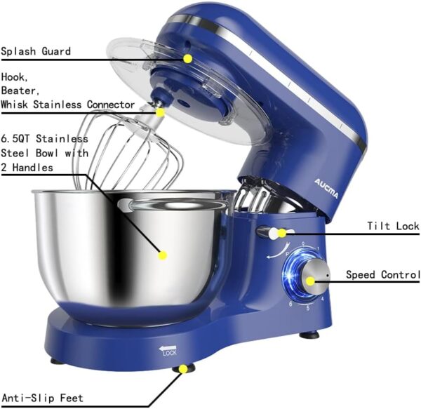 Aucma Stand Mixer,6.5-QT 660W 6-Speed Tilt-Head Food Mixer, Kitchen Electric Mixer with Dough Hook, Wire Whip & Beater (6.5QT, Royal Blue) - Image 3