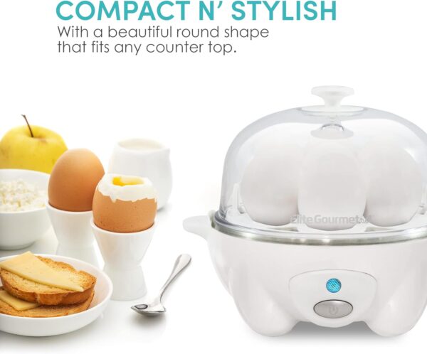 Elite Gourmet EGC-007 Rapid Egg Cooker, 7 Easy-To-Peel, Hard, Medium, Soft Boiled Eggs, Poacher, Omelet Maker, Auto Shut-Off, Alarm, 16-Recipe Booklet, White - Image 7