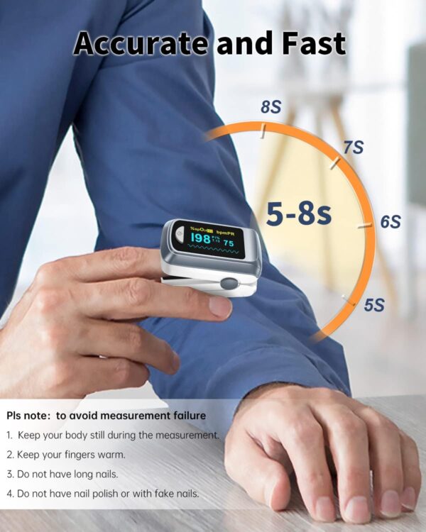 Fingertip Pulse Oximeter Blood Oxygen Saturation Monitor Pulse Ox, Heart Rate and Fast Spo2 Reading Oxygen Meter with OLED Screen Included Lanyard and 2 X AAA Batteries - Image 4