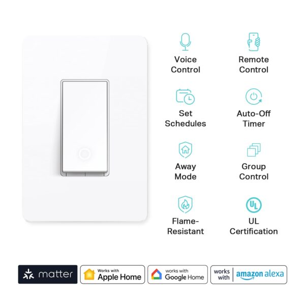 Kasa Matter Smart Light Switch: Voice Control w/Siri, Alexa & Google Assistant | UL Certified | Timer & Schedule | Easy Guided Install | Neutral Wire Required | Single Pole | 2.4GHz Wi-Fi | KS205 - Image 2