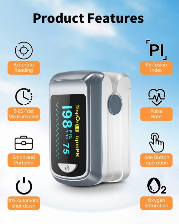 Fingertip Pulse Oximeter Blood Oxygen Saturation Monitor Pulse Ox, Heart Rate and Fast Spo2 Reading Oxygen Meter with OLED Screen Included Lanyard and 2 X AAA Batteries - Image 6