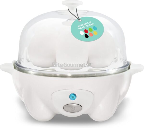 Elite Gourmet EGC-007 Rapid Egg Cooker, 7 Easy-To-Peel, Hard, Medium, Soft Boiled Eggs, Poacher, Omelet Maker, Auto Shut-Off, Alarm, 16-Recipe Booklet, White - Image 2