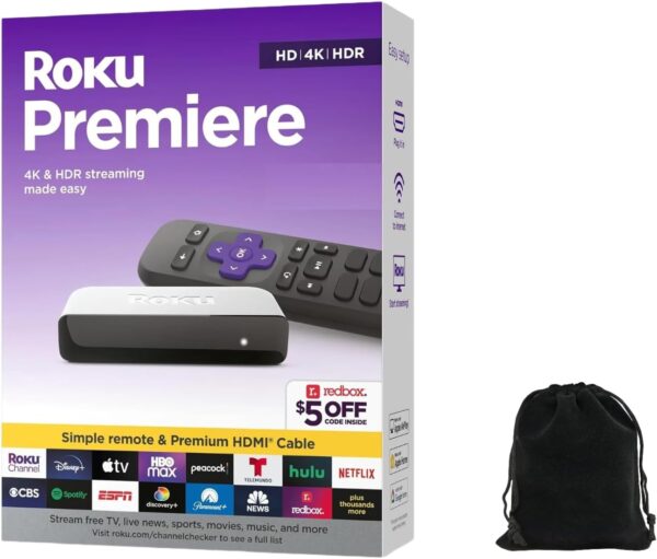 Roku Premiere | 4K/HDR Streaming Media Player Wi-Fi Enabled with Premium High Speed HDMI Cable and Simple Remote, Includes Pouch, White - Image 2