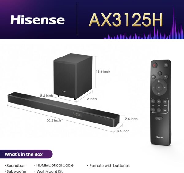 Hisense AX3125H 3.1.2Ch Sound Bar with Wireless Subwoofer, 440W, Dolby Atmos, Bluetooth 5.3, EzPlay, 4K HDMI Pass Through, Roku TV Ready, DTS:X, HDMI/AUX/ARC/Optical/USB, 7 EQ Modes - Image 4