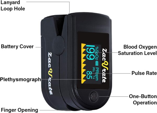 Zacurate 500C Elite Fingertip Pulse Oximeter Blood Oxygen Saturation Monitor with Silicon Cover, Batteries and Lanyard (Mystic Black) - Image 3