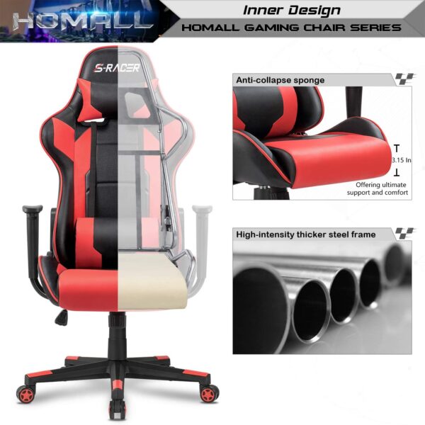 Homall Gaming Chair, Office Chair High Back Computer Chair Leather Desk Chair Racing Executive Ergonomic Adjustable Swivel Task Chair with Headrest and Lumbar Support (Red) - Image 5