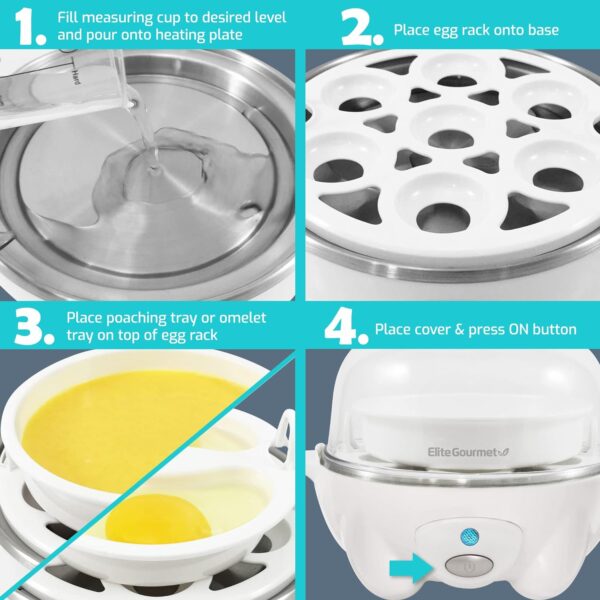 Elite Gourmet EGC-007 Rapid Egg Cooker, 7 Easy-To-Peel, Hard, Medium, Soft Boiled Eggs, Poacher, Omelet Maker, Auto Shut-Off, Alarm, 16-Recipe Booklet, White - Image 5