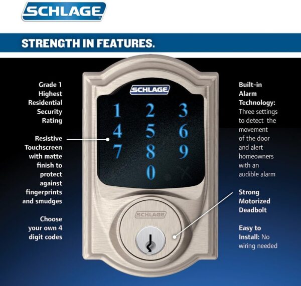 SCHLAGE Connect Camelot Touchscreen Deadbolt with Built-In Alarm and Handleset Grip with Accent Lever, Satin Nickel, FE469NX ACC 619 CAM LH, Works with Alexa - Image 3