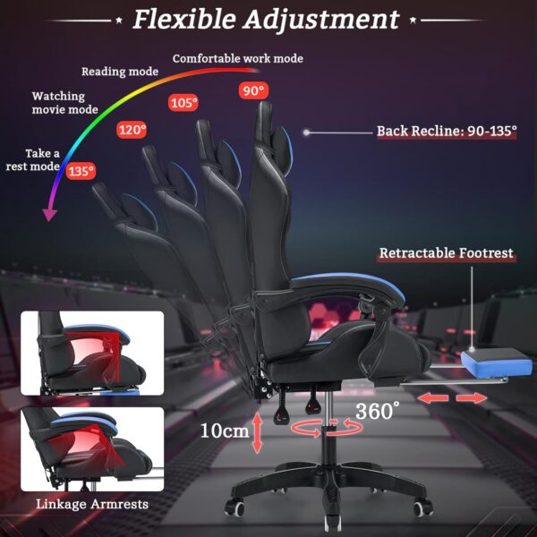 Gaming Chair with Massage and LED Lights Ergonomic Video Game Chairs with Footrest High Back Reclining Computer Chair with Adjustable Lumbar Support Blue and Black - Image 6