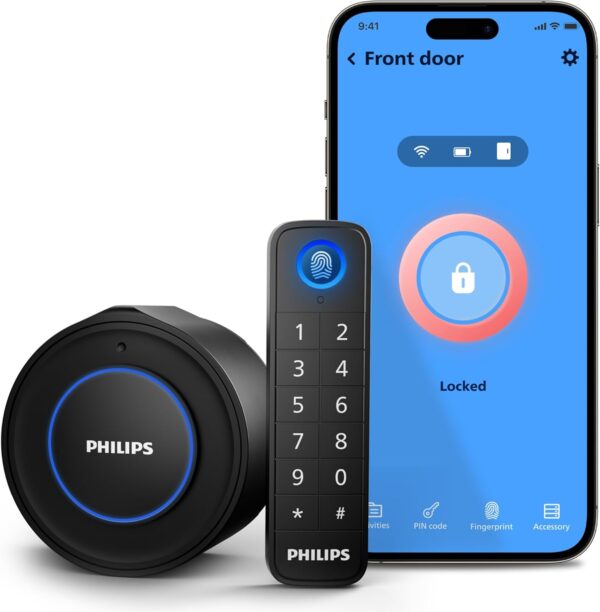 Philips WiFi Smart Lock with Fingerprint Keypad, Turn Your Existing Deadbolt into a Smart Door Lock, Built-in WiFi, APP Remote Control, Keyless Entry Door Lock, Auto-Lock, Lock Status Logging, Black - Image 2